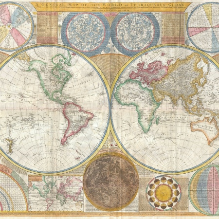 Vintage image of world map in pastel and beige colors.