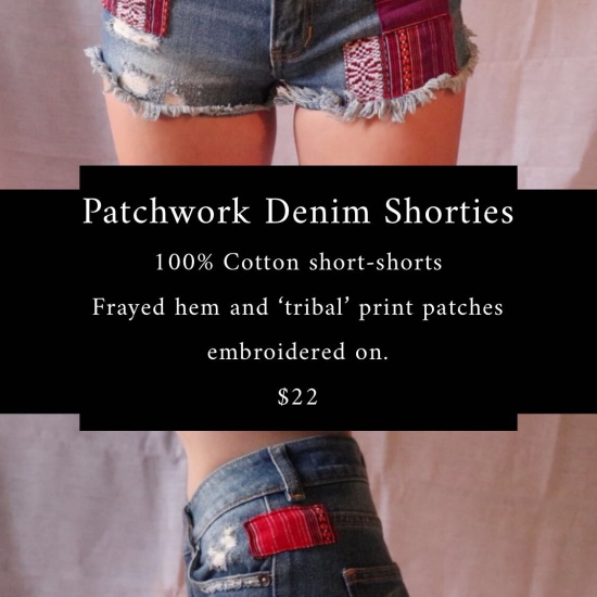 Candace modeling patchwork denim shorts with a front view and side view of the item and a description and price ($22) of the item listed in the middle of the image.