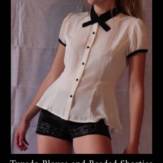 Photo of Candace modeling a tuxedo style blouse and velvet beaded shorts from her Depop with the prices and descriptions of the items below.