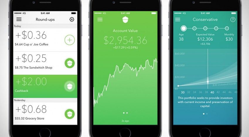 Screenshot of Acorns investment app showing the roundups, account value with growth graph, and the 
