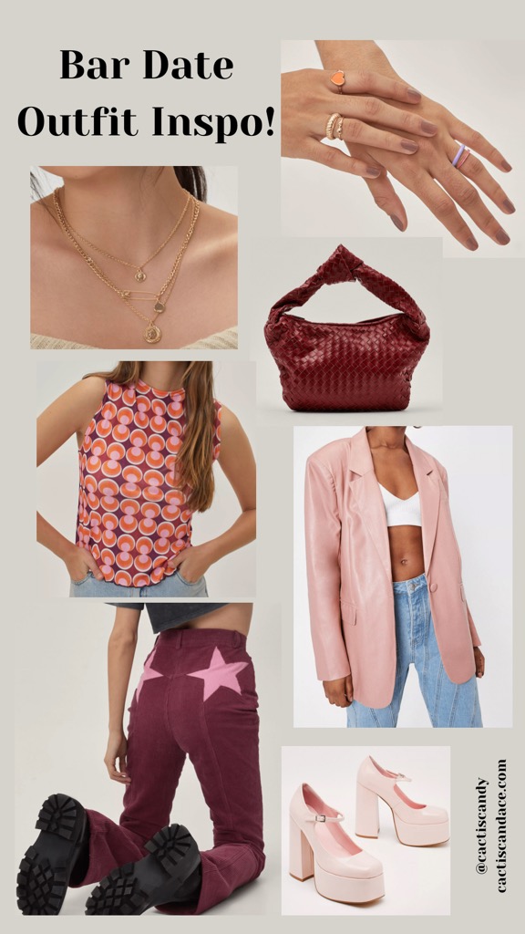 Collage image of a pink blazer and mary jane platforms, star on butt pants, 60's print top, maroon bag, and gold rings and necklaces