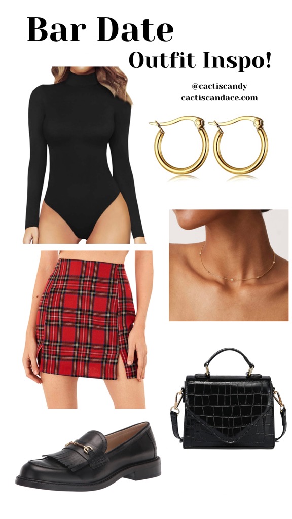 Collage image of a black body suit, red plaid skirt, black shoes and handbag, and gold earrings and necklace.